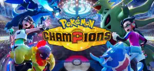 Pokémon Champions key art with Trainers and Pokémon in a stadium