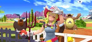 A Trainer waving beside a Pikachu in a ranch field