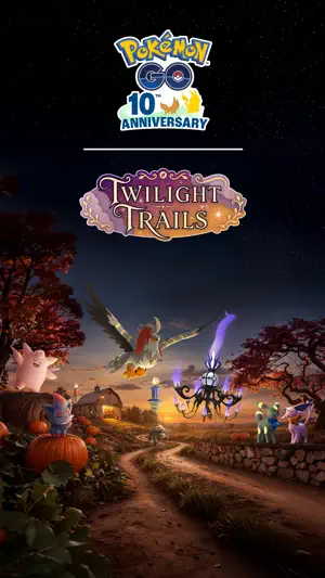Pokémon GO 10th Anniversary Twilight Trails event art with Pokémon on a pumpkin-lined path at night