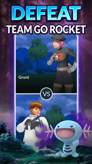 Team GO Rocket battle screen pairing a grunt against a trainer