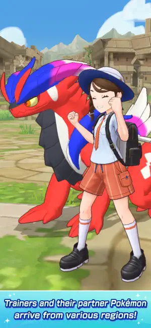 Trainer standing beside a large red Pokémon