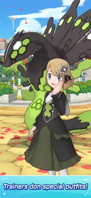 Trainer in a special outfit beside a serpentine Pokémon