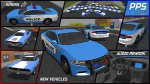 A collage of new police vehicles — a blue American cruiser, a Crown Vic and a hatchback — with sirens and audio rework labels