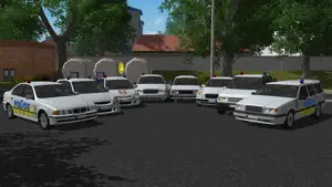 A car park of police sedans and estates under trees in the open-world city