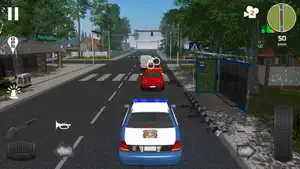 A blue-and-white cruiser following a red car through a city junction with the speedometer HUD