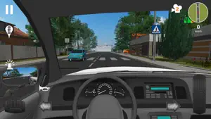 The dashboard view with the steering wheel and speedometer on a suburban road