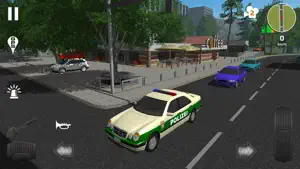 A green-and-white German-liveried Mercedes patrol car on a tree-lined street
