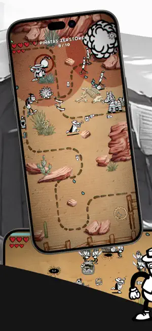 A top-down canyon run with a Destroy the Piñatas mission counter on a phone screen