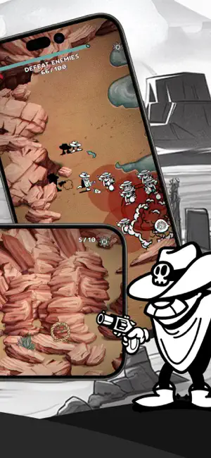A phone showing a canyon shootout beside Poncho drawing his revolver