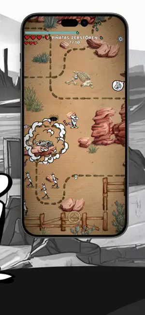 Poncho aiming a pistol beside a screen of a piñata stage