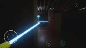 Blue hand extended on a cable across a dark corridor