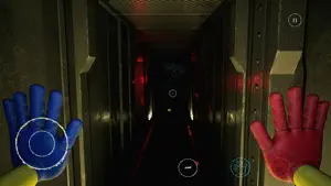 Narrow corridor lit in red with both hands out