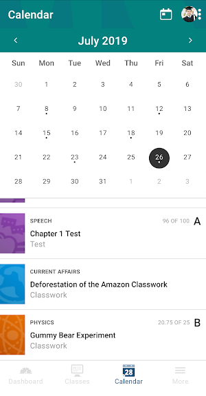July 2019 calendar with dots on assignment days and the 26th selected, listing a Speech Chapter 1 Test scored 96 of 100 and a Physics experiment