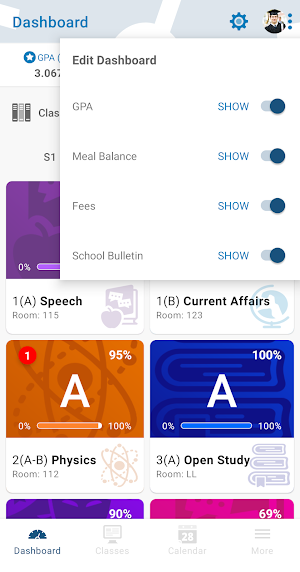 Edit Dashboard menu with Show toggles switched on for GPA, Meal Balance, Fees and School Bulletin, over the Physics and Open Study class cards