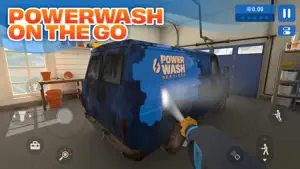 Washing a blue PowerWash Services van in a garage — PowerWash on the Go