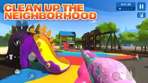 A playground with a dinosaur slide half cleaned — Clean Up the Neighborhood