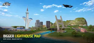 The Lighthouse map's coastline with a white tower, a jet passing overhead — Bigger Lighthouse Map