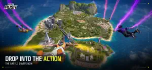 Squads parachuting with purple trails onto the island — Drop Into the Action