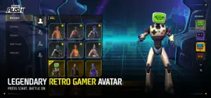 Locker screen with a white retro-gamer robot avatar and a hero grid — Legendary Retro Gamer Avatar