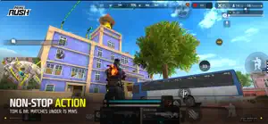 Third-person firefight beside a yellow building and a bus — Non-Stop Action
