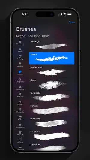 Brush library with named brushes and category tabs down the side