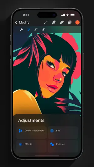Portrait illustration open with the adjustments panel showing