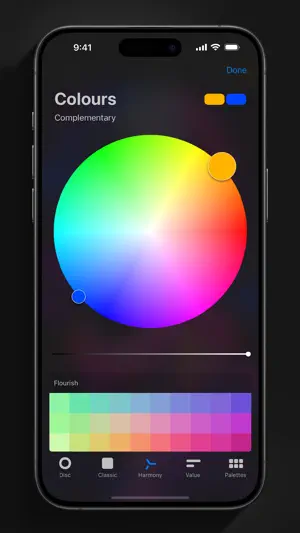 Colour wheel set to complementary harmony above a palette