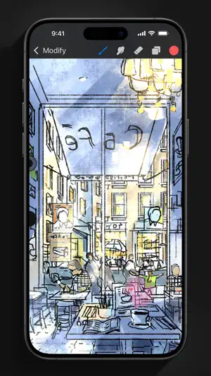 Café scene drawn in loose ink and watercolour brushes