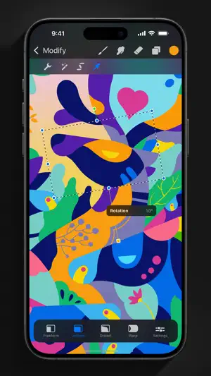 A colorful abstract illustration being painted on the Procreate Pocket canvas with the toolbar
