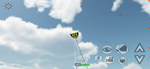 A small kite high in a blue sky above a dirt lot, with the line meter and camera buttons at the bottom