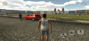 Player in a vest standing on a dirt field beside a red car, a church and houses on the skyline