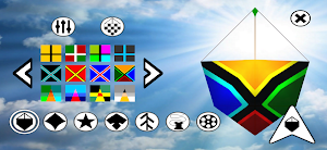 Kite editor with a grid of colourful print patterns and a green-yellow-blue pipa preview