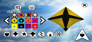 Kite editor showing star-pattern prints and a black-and-yellow kite