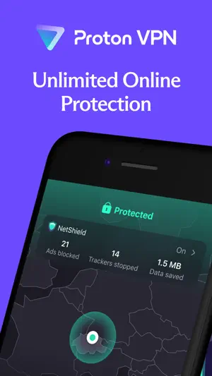 Proton VPN promo screen with a Protected status and a NetShield panel counting 21 ads blocked, 14 trackers stopped and 1.5 MB saved