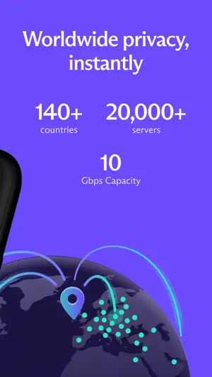 Promo graphic listing 140+ countries, 20,000+ servers and 10 Gbps capacity above a globe with connection lines
