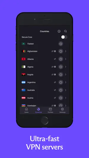 Countries list with a Secure Core toggle, a Fastest option and countries from Afghanistan to Azerbaijan, some marked with globe icons