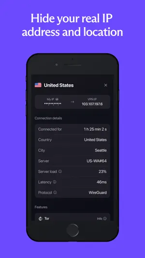 Connection details for Seattle server US-WA#64 showing 23% load, 46 ms latency, the WireGuard protocol and a Tor feature row
