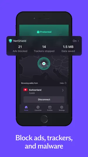 Home screen connected to Zurich, Switzerland, with the NetShield panel above the map and a Disconnect button