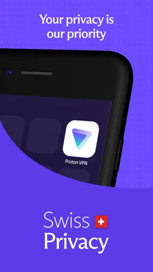 Proton VPN app icon on a phone home screen beside the words Swiss Privacy and a Swiss flag