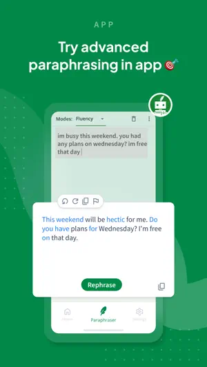 In-app Paraphraser in Fluency mode turning a casual message about Wednesday plans into a cleaner version, with a Rephrase button