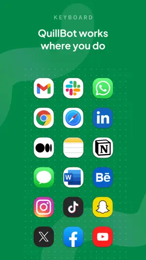 Grid of app icons including Gmail, Slack, WhatsApp, Chrome, LinkedIn, Notion and Word under the line QuillBot works where you do