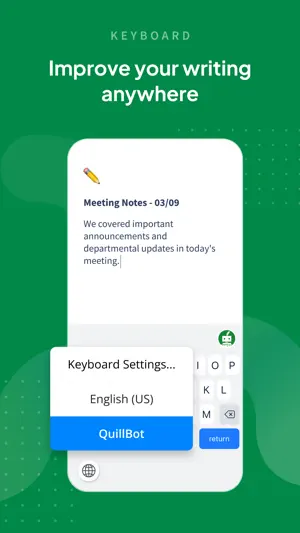 iOS keyboard switcher menu with Keyboard Settings, English (US) and a highlighted QuillBot entry over a meeting notes document