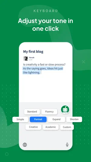 Tone picker with Standard, Fluency, Simple, Formal, Expand, Shorten, Creative, Academic and Custom chips over a selected sentence in a blog draft