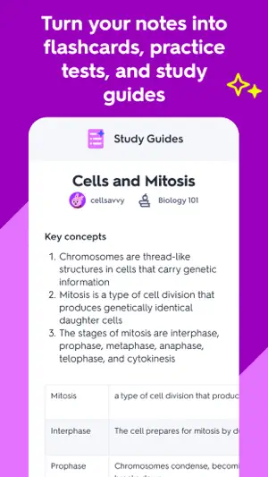 Study Guide titled Cells and Mitosis with a numbered key-concepts list and a terms table starting with Interphase and Prophase