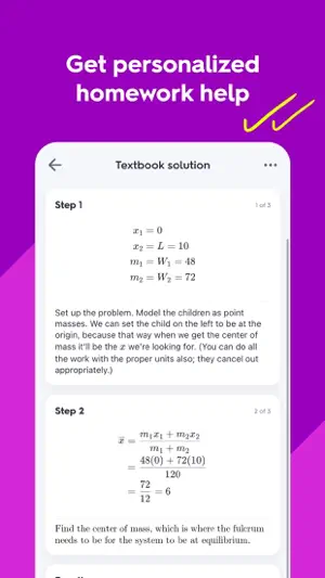 Textbook solution screen with Step 1 and Step 2 of a physics center-of-mass problem, equations and written explanations
