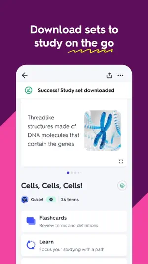 Study set Cells, Cells, Cells! with 24 terms, a Success study set downloaded banner and Flashcards and Learn buttons
