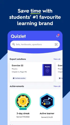 Quizlet home screen with a search bar, an Expert solutions row showing a Physics textbook and a 3-day streak badge