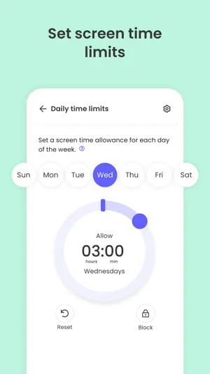 Daily time limits screen with a dial set to allow 3 hours on Wednesdays, plus Reset and Block buttons