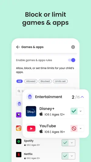 Games and apps rules with Disney+ allowed and YouTube blocked under Entertainment, each iOS app showing its age rating