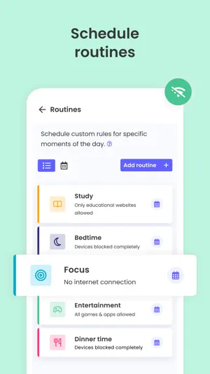 Routines list with Study, Bedtime, Focus, Entertainment and Dinner time schedules and what each one blocks or allows